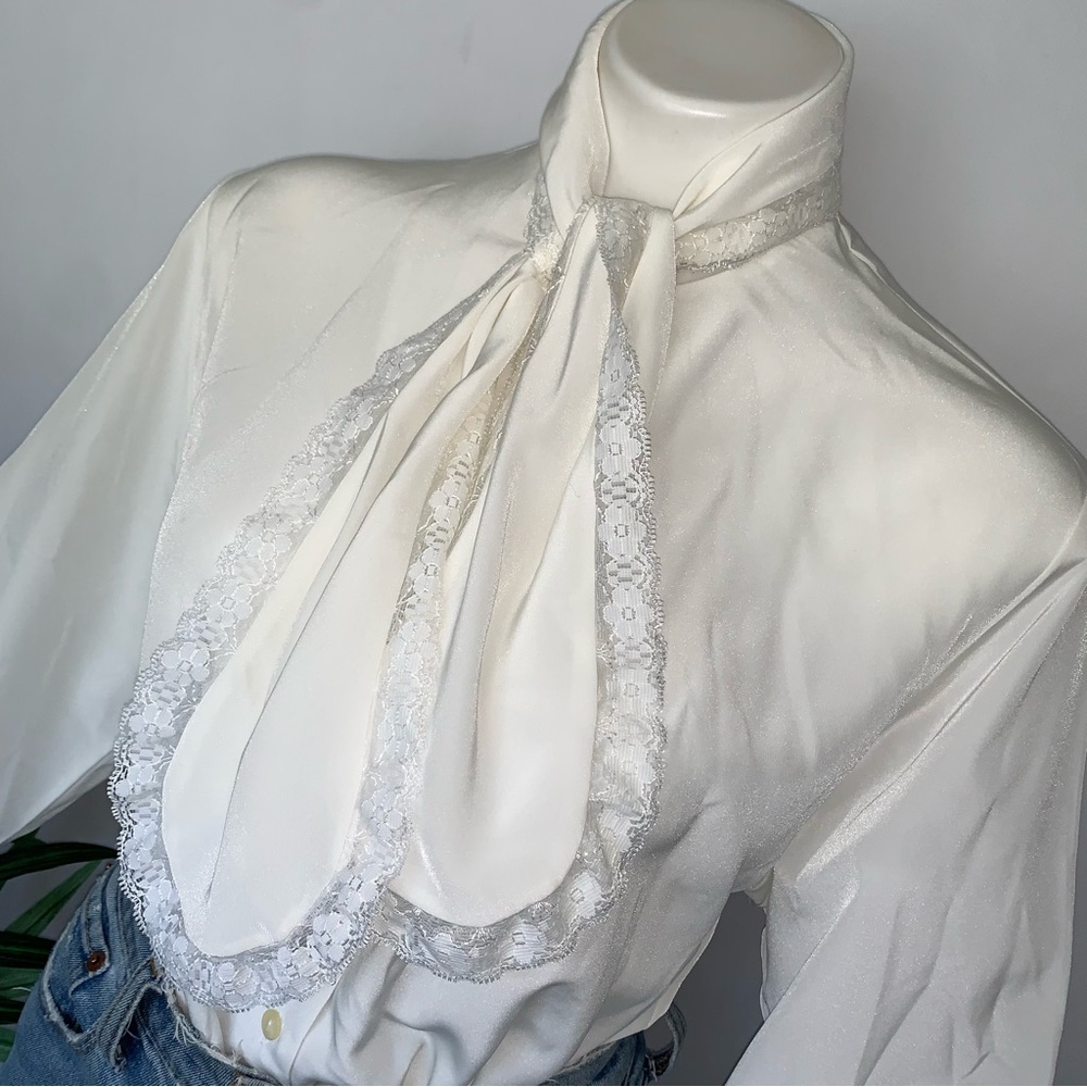 v i n t a g e :: Victorian Lace High Draped Neck Tie Blouse - Picture 8 of 11